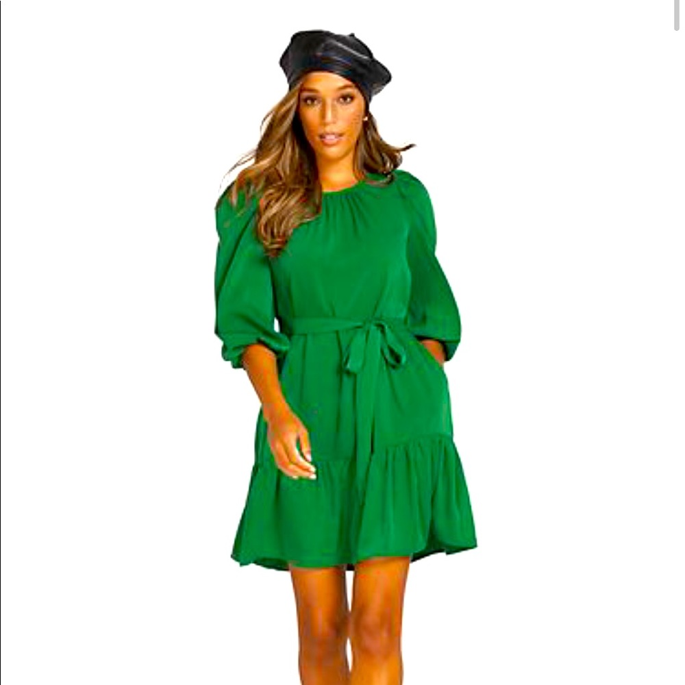 Tie-Waist Tiered Green XL Puff Sleeve Dress NWT (Black available too)